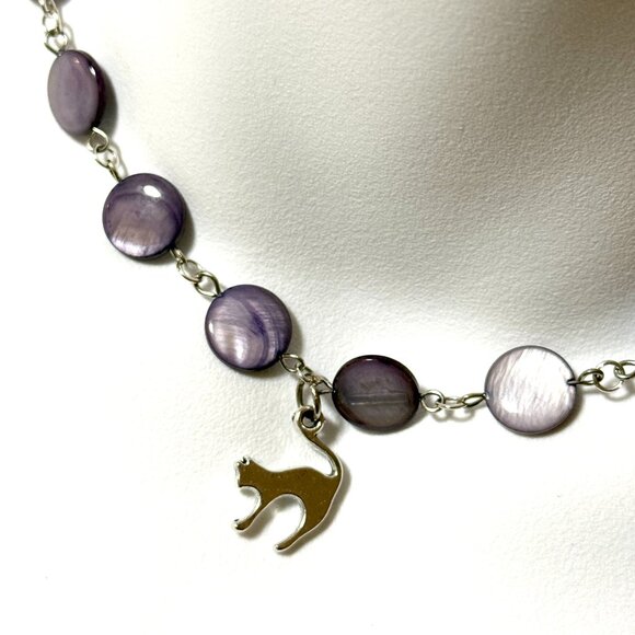 Purple Mother of Pearl Beaded Short Necklace + Cute Slim Cat Pendant - Picture 1 of 13